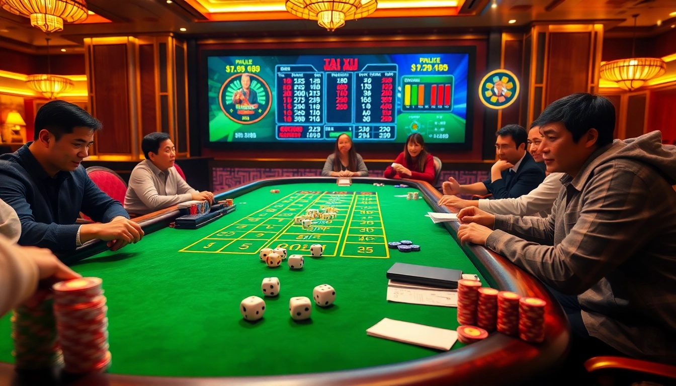 Tài xỉu md5 captivating scene showcasing players betting at a luxurious casino table with dice and chips.