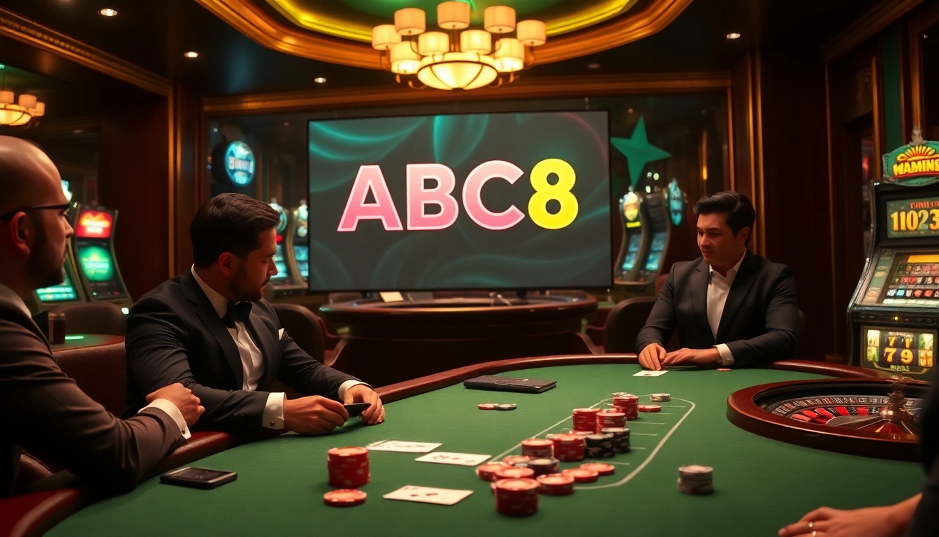 Players enjoying a high-stakes game at ABC8 casino table with vibrant chips and cards.