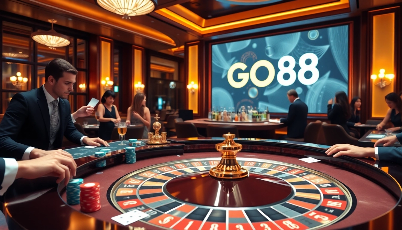 Players placing bets at a vibrant roulette table in a luxury casino environment featuring GO88.