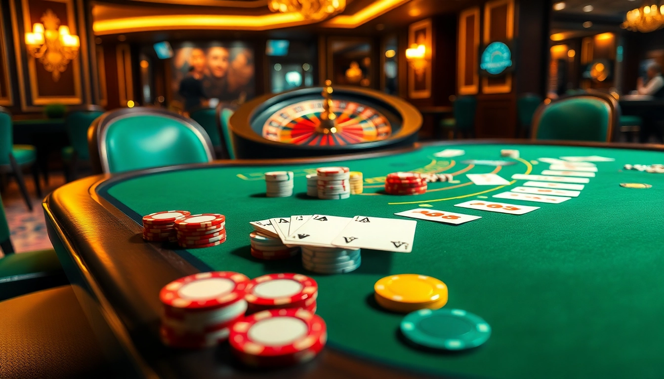 EE88 poker scene showcasing vibrant chips, cards, and an elegant casino atmosphere.