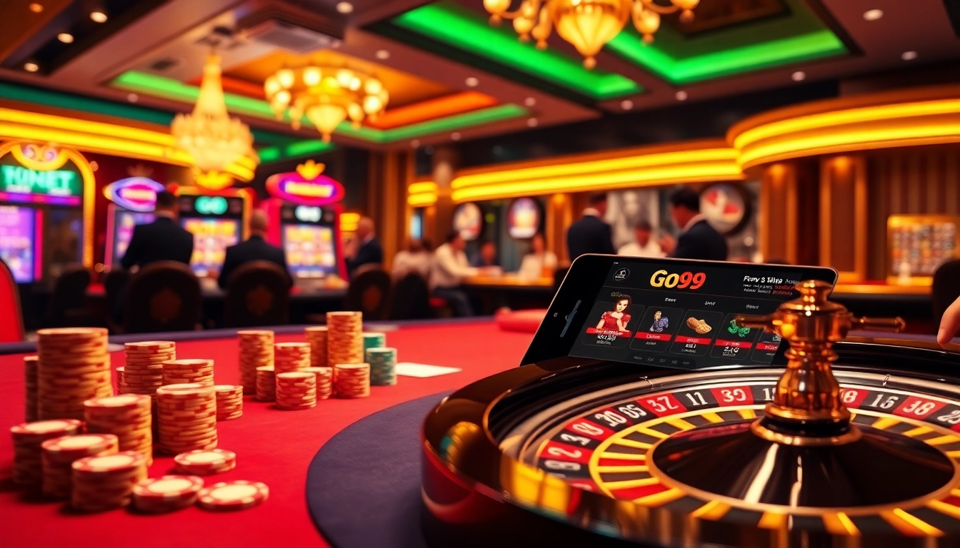 A thrilling Go99 gaming scene featuring poker chips and illuminated slot machines.