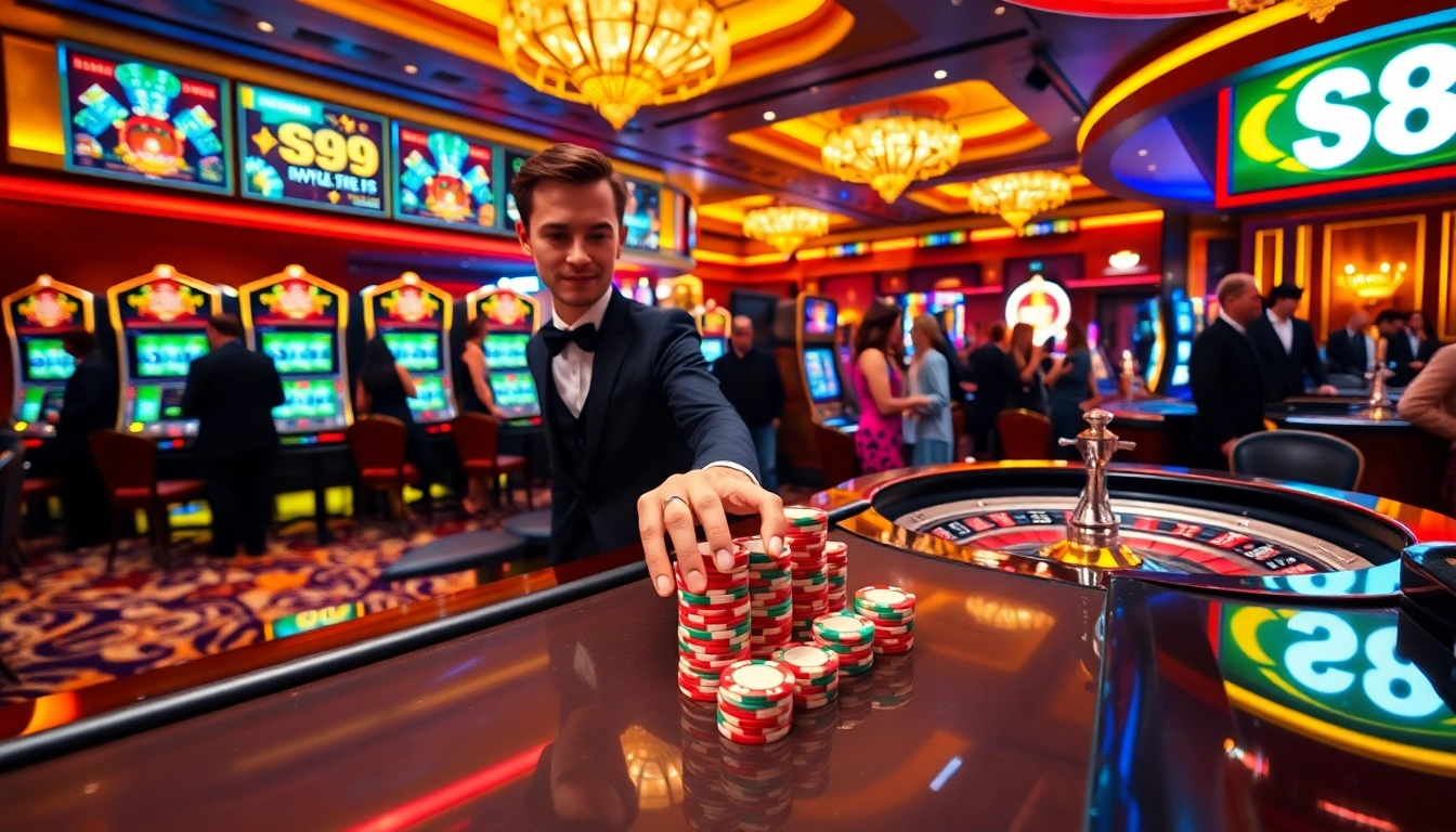 Engaged players place bets at a luxurious casino with S8-themed gaming elements.