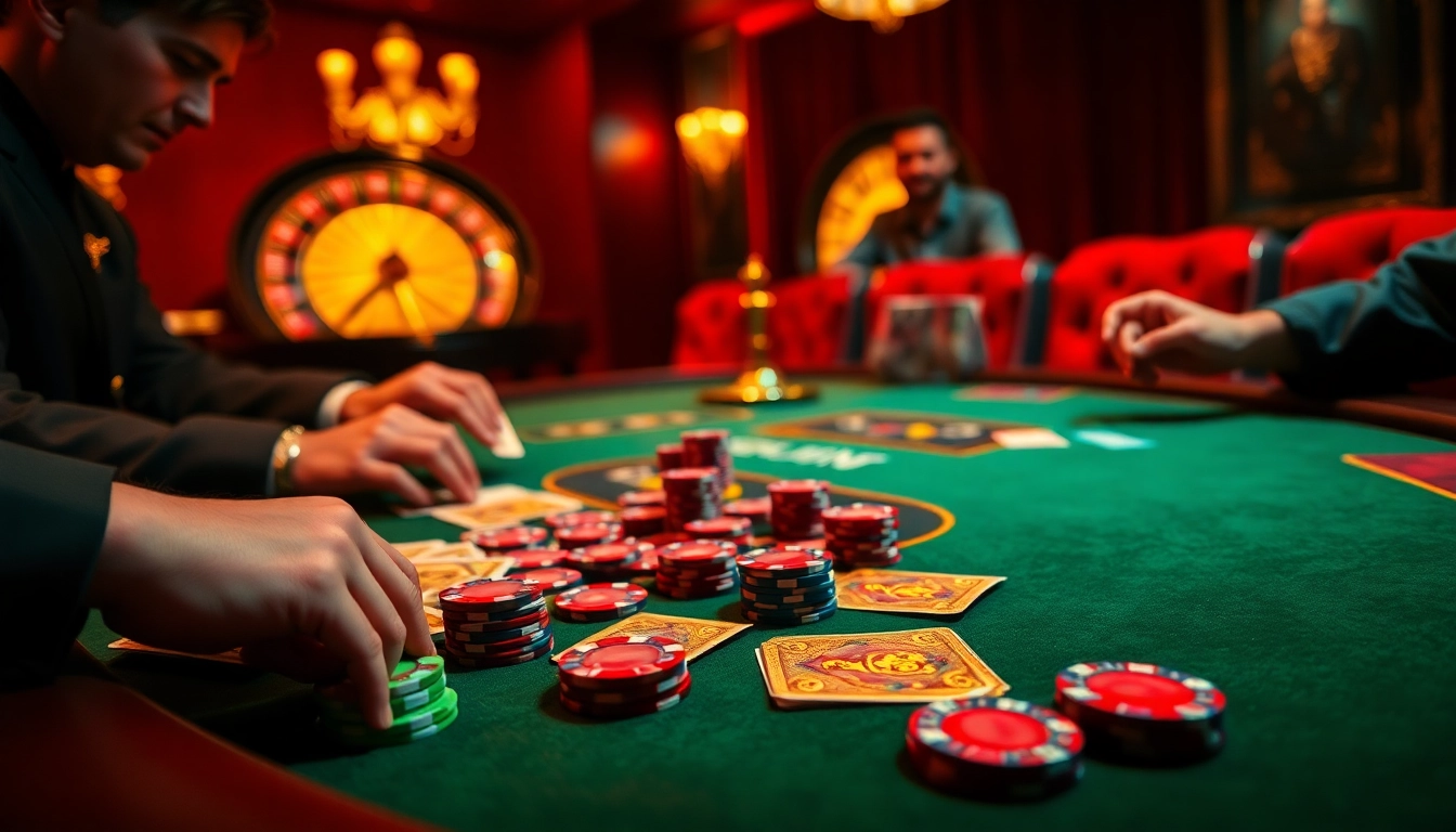 Players enjoy a thrilling PS 99 poker game at an elegant casino table with vibrant chips and cards.