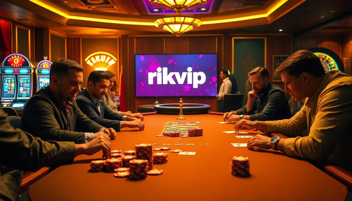 Excited players at a luxurious poker table in a vibrant casino scene featuring rikvip gaming elements.