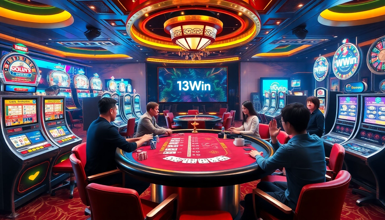 Experience the excitement of 13Win with vibrant casino tables, poker chips, and slot machines.
