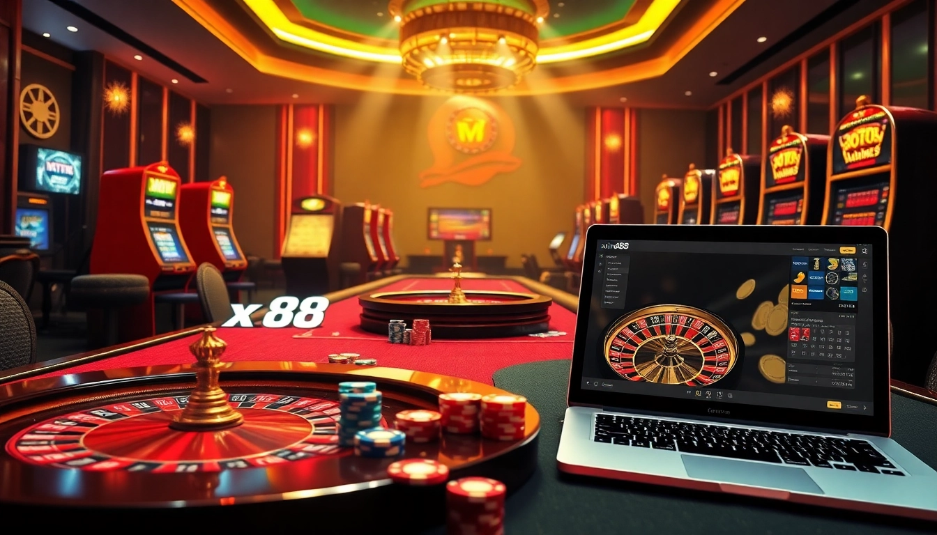 Experience the thrill of xin88 online casino with vibrant games, roulette wheels, and poker chips.