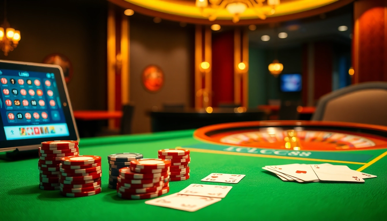 Engaging gamblers at NHÀ CÁI LC88 with vibrant poker chips and a roulette wheel.