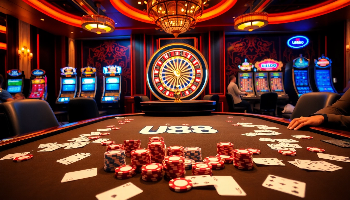 Experience thrilling gameplay at U888 with an elegant casino scene filled with poker chips and cards.