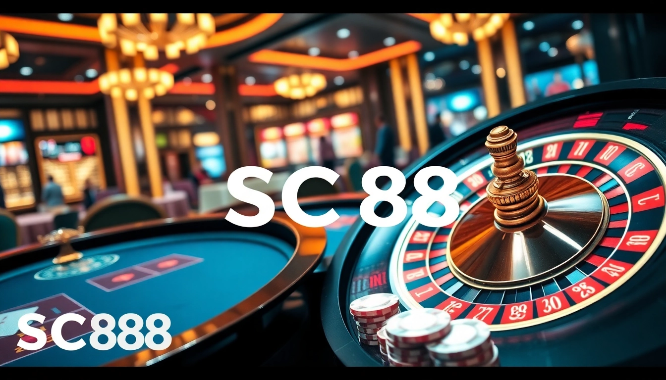 SC88 casino scene featuring a roulette wheel and poker chips enhancing gaming excitement.