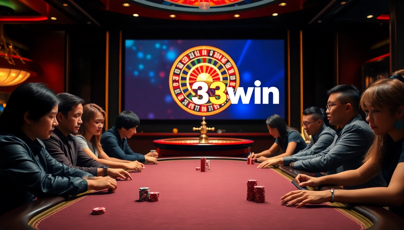 Experience the thrill of Đăng ký 23win at a luxurious casino with vibrant gaming tables.