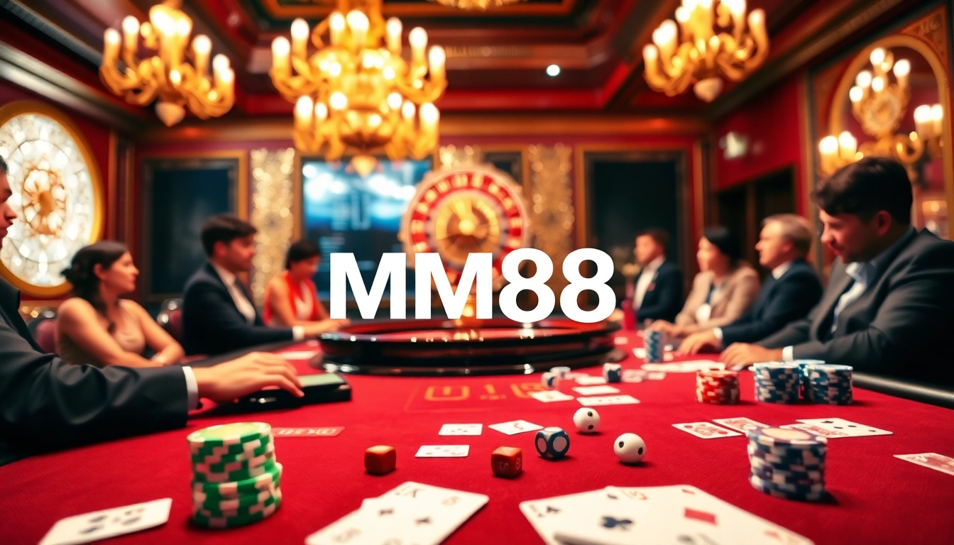 MM88 players enjoying a vivid casino experience with poker chips and colorful cards.