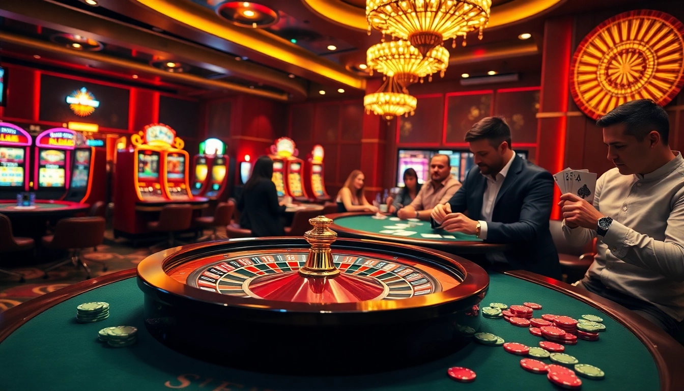 Players enjoying a thrilling game at THA BET casino with vibrant slot machines and roulette.