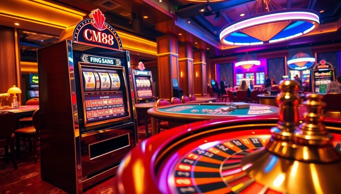 Experience the thrill of CM88 with casino tables and vibrant neon lights.