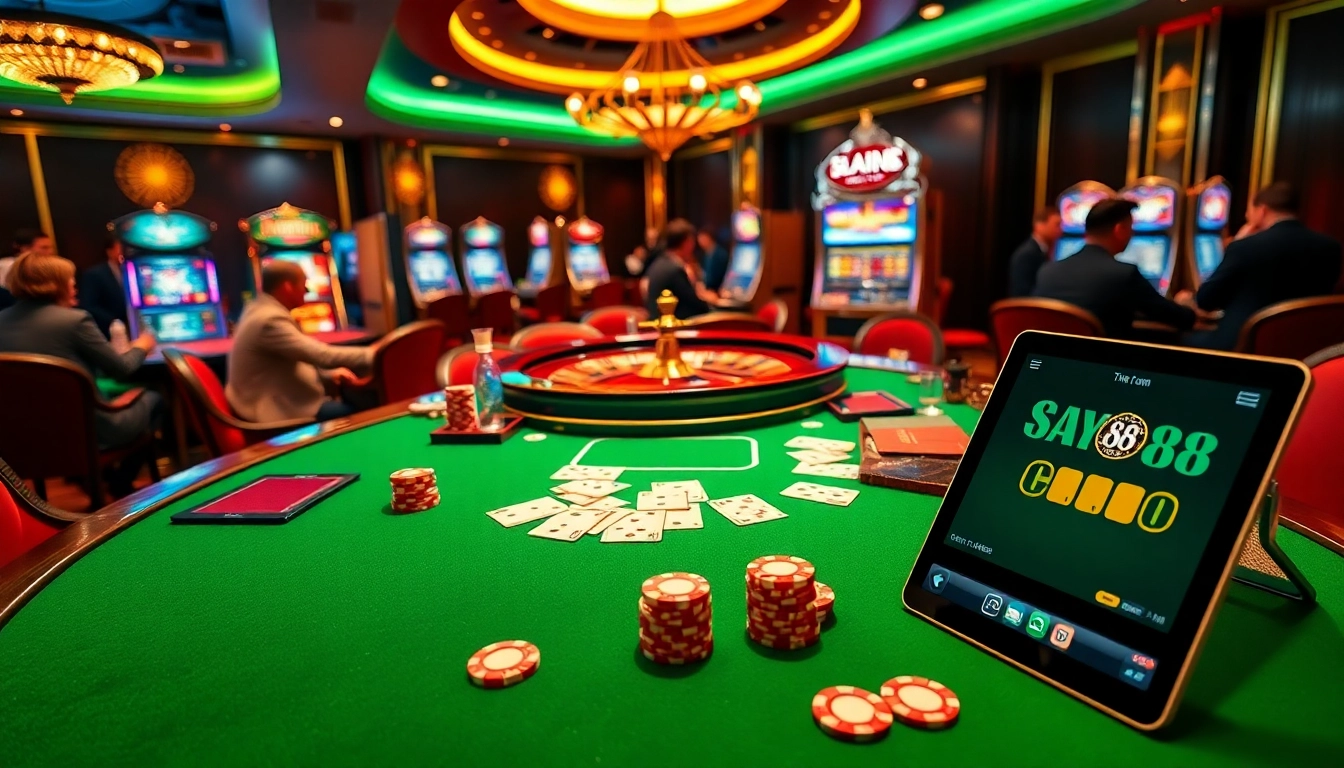High-stakes table at say88 com casino showcasing poker chips and cards in a luxurious setting.