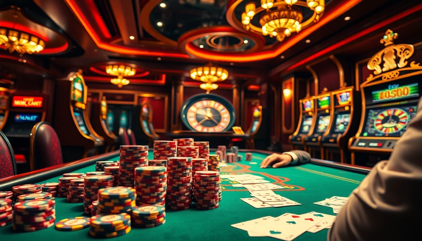 Engage in a thrilling casino experience with B52-inspired poker chips and vibrant slot machines.