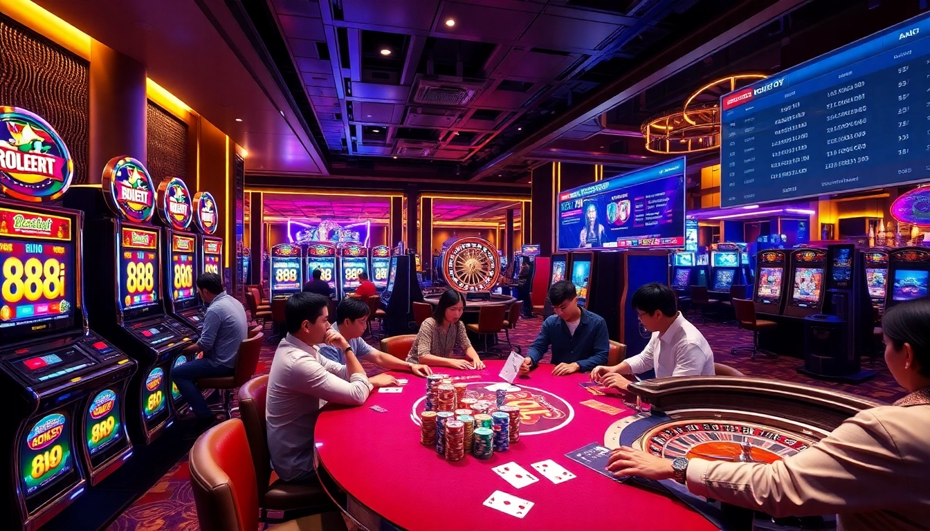 Players enjoying high-stakes poker and colorful slot machines featuring 88i, creating an exciting casino atmosphere.
