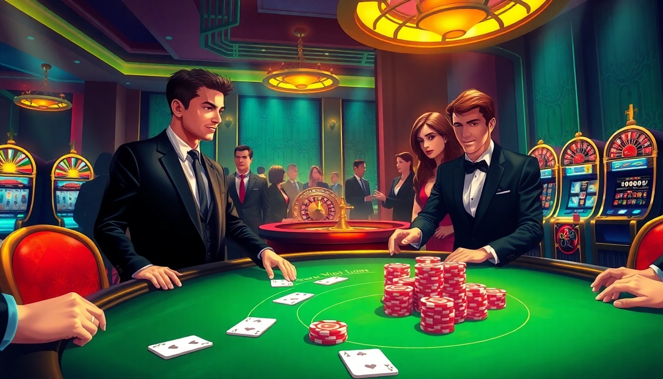 Gamblers enjoying high-stakes poker at Vua99 casino, showcasing chips and cards.