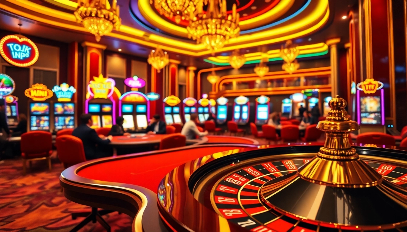 Players enjoying a thrilling game of poker at https://bet168.me/ casino, surrounded by vibrant slot machines and a roulette wheel.