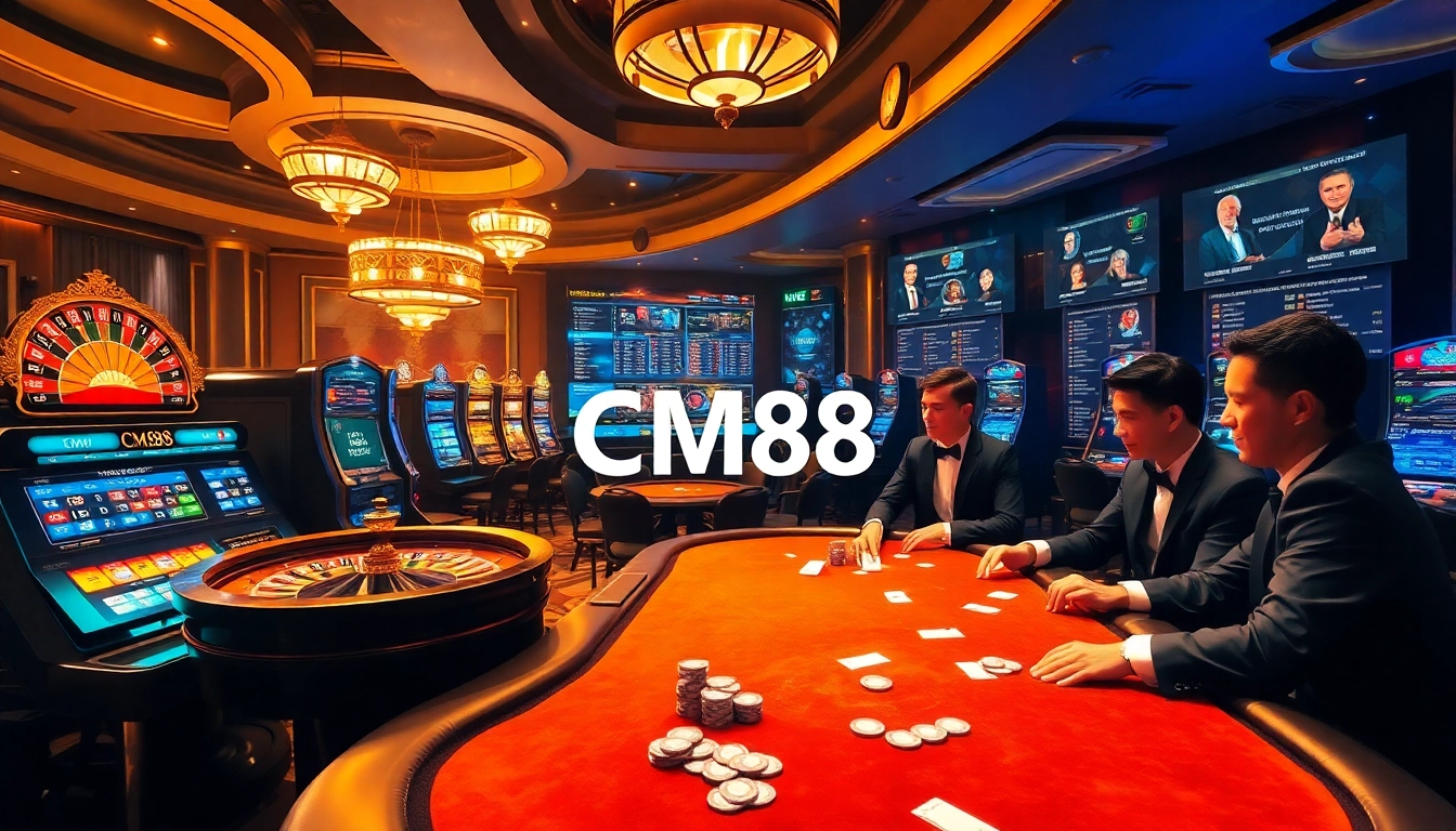 Engage with the excitement of CM88 at a luxurious casino, showcasing high-stakes poker and vibrant slot machines.