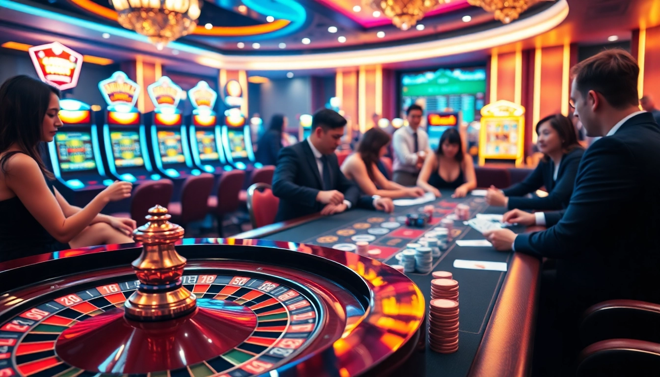 Players enjoying games at cm88's luxurious online casino with vibrant roulette wheel and poker chips.