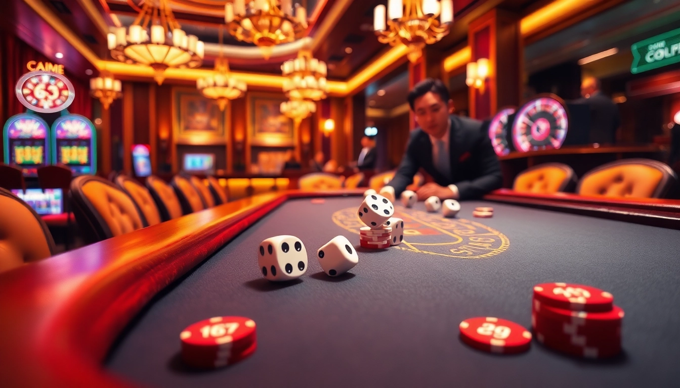 Tài Xỉu MD5 gaming table in an upscale casino, capturing players' excitement and luxurious ambiance.
