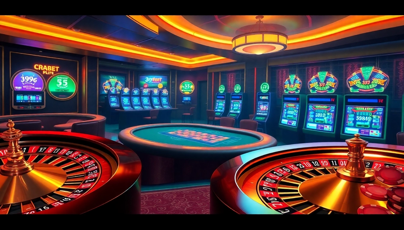 View an exciting 39bet online casino scene showcasing roulette, poker tables, and vibrant slot machines.