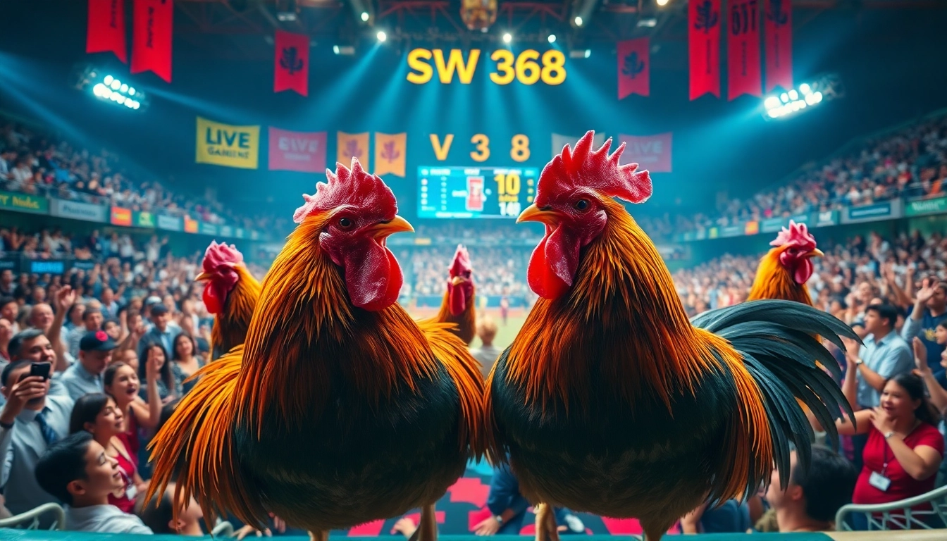Thrilling live cockfighting event at sv368win.live with vibrant scenes and engaging action.