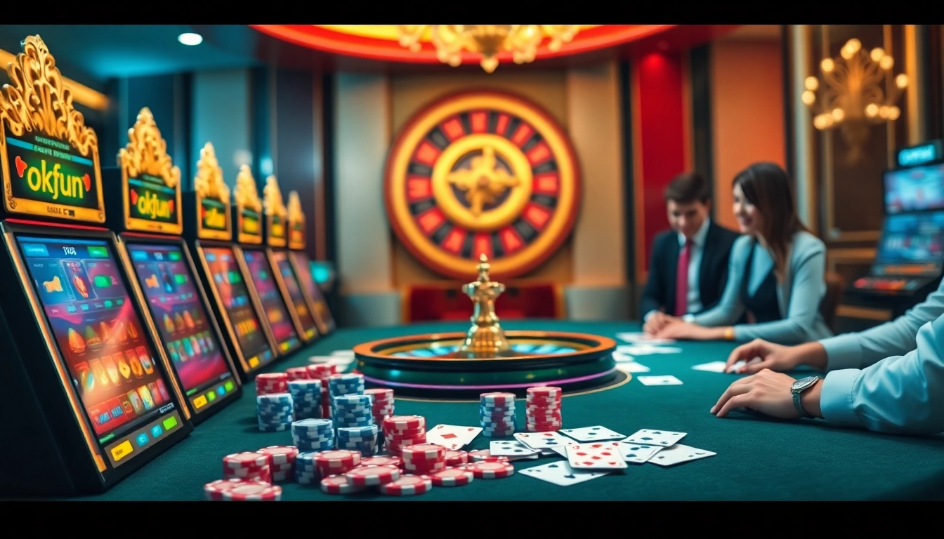 Experience excitement with okfun đăng nhập at a vibrant casino scene featuring slot machines and poker chips.