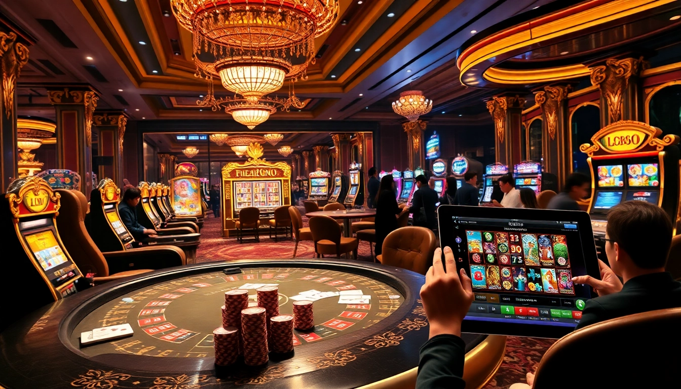 Experience thrilling gameplay at Lc888’s luxurious casino gaming floor with vibrant poker tables and slot machines.