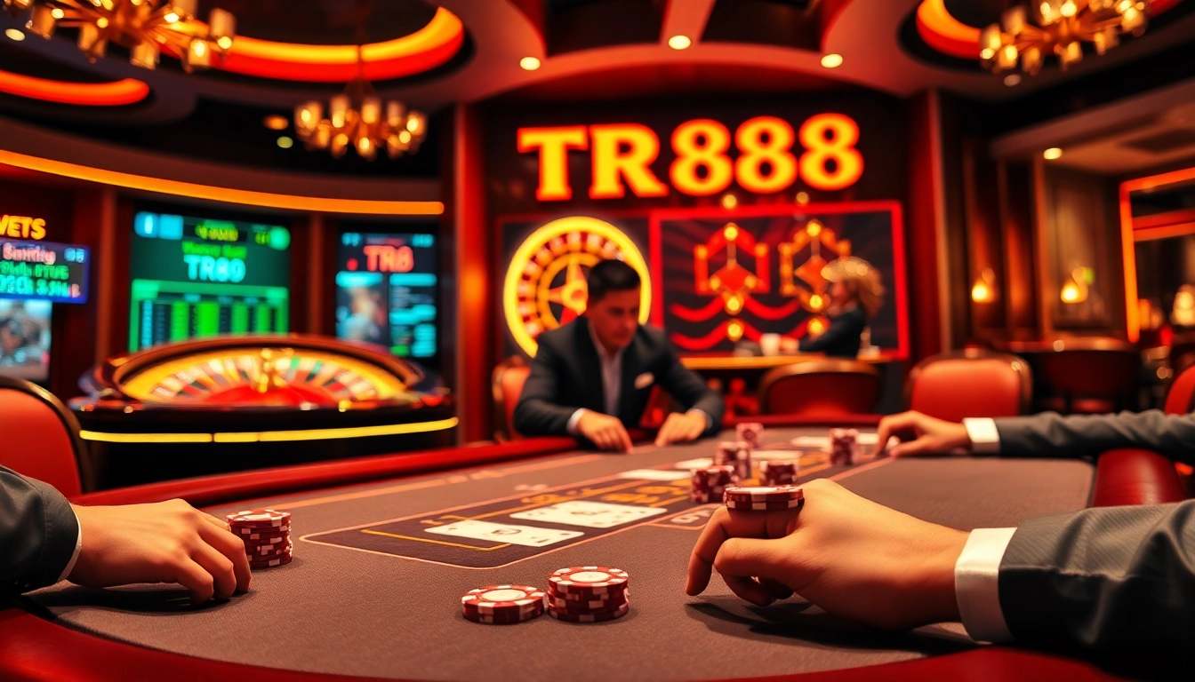 Professional gamblers playing poker at the TR88 casino table with vibrant lighting.