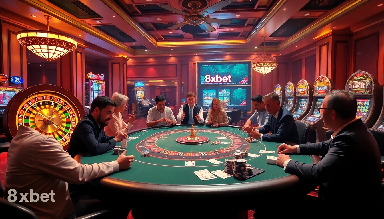 Experience thrilling gameplay at 8xbet with a vibrant casino scene featuring poker tables, slots, and roulette.