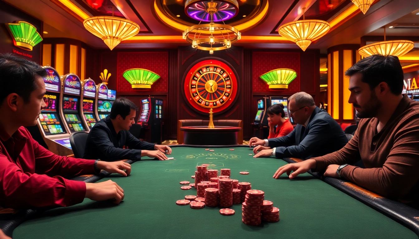 SUNWIN gaming table showcasing high-stakes poker with vibrant slot machines in a luxury casino setting.