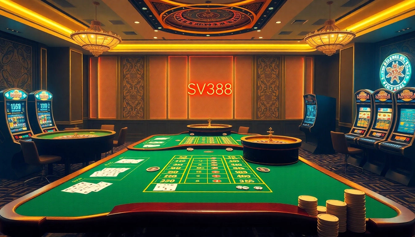 Exciting betting action at SV388 casino with engaging tables, vibrant roulette, and dazzling slots.