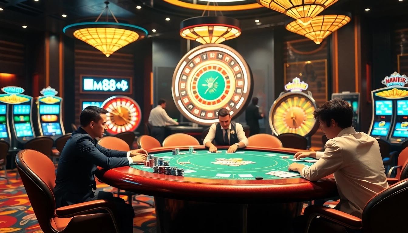 Gambling excitement at MM88 with players at a poker table amid vibrant slots and roulette.