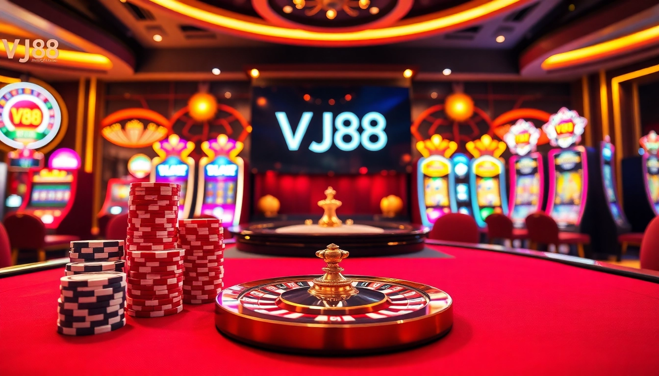 Experience the thrill of VJ88 at a vibrant casino with poker chips and roulette.