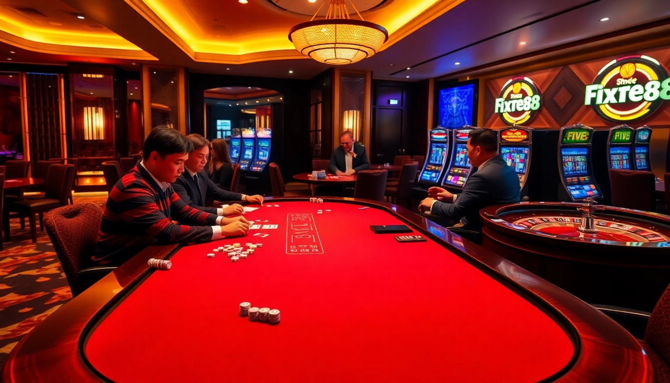 Exciting poker game at FIVE88 casino with players, chips, and roulette wheel.
