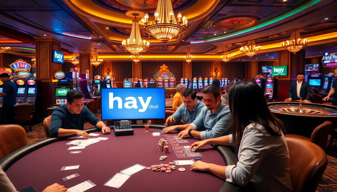 Experience the thrill of the hay88 deal at a luxurious casino, featuring vibrant gaming tables and eager players.