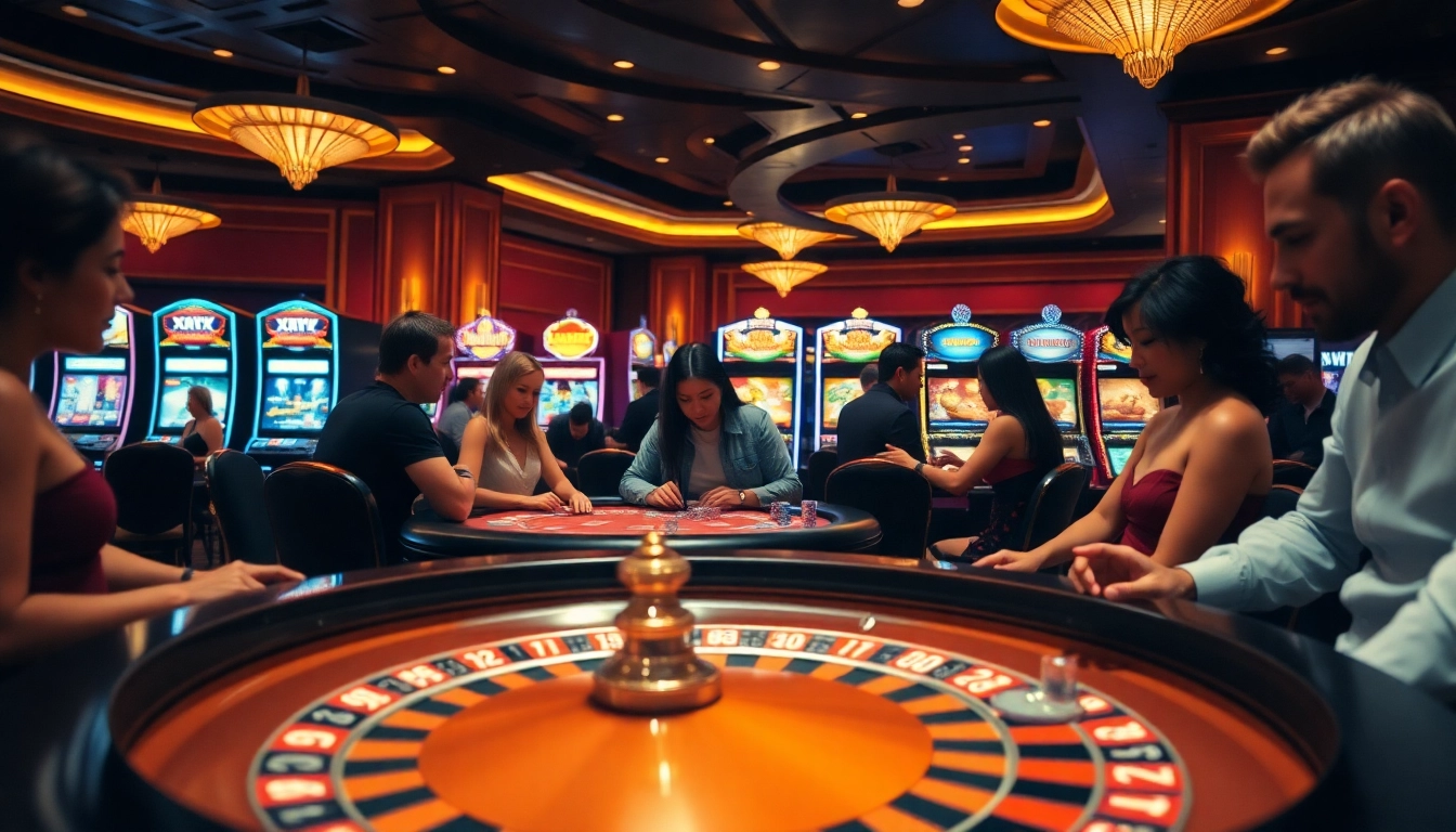 Experience thrilling XXX games at a vibrant casino table with fun players and glowing slot machines.