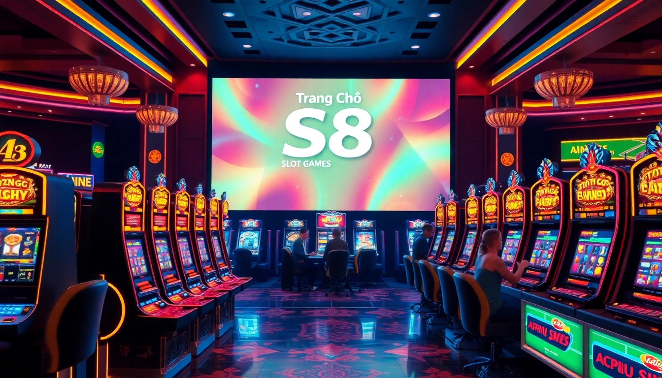 Players enjoy exciting Slot Games at Trang Chủ S8 casino, highlighted by vibrant lights and luxury.