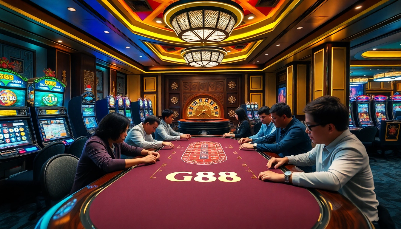 Experience excitement at GG88 casino with gamblers and vibrant slot machines.