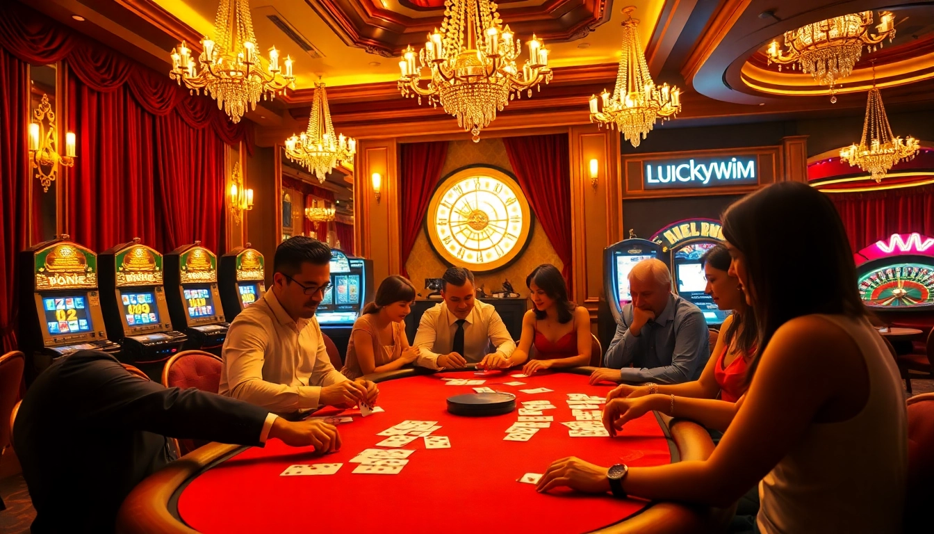 Luckywin players enjoy high-stakes excitement at a luxurious poker table in a vibrant casino.