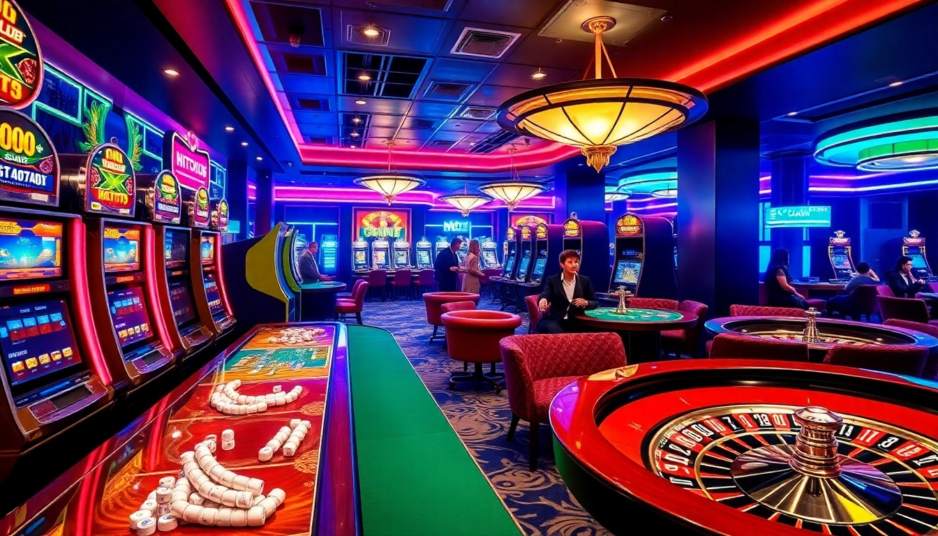 Excited players enjoying gaming at HITCLUB casino tables featuring vibrant slots and poker.