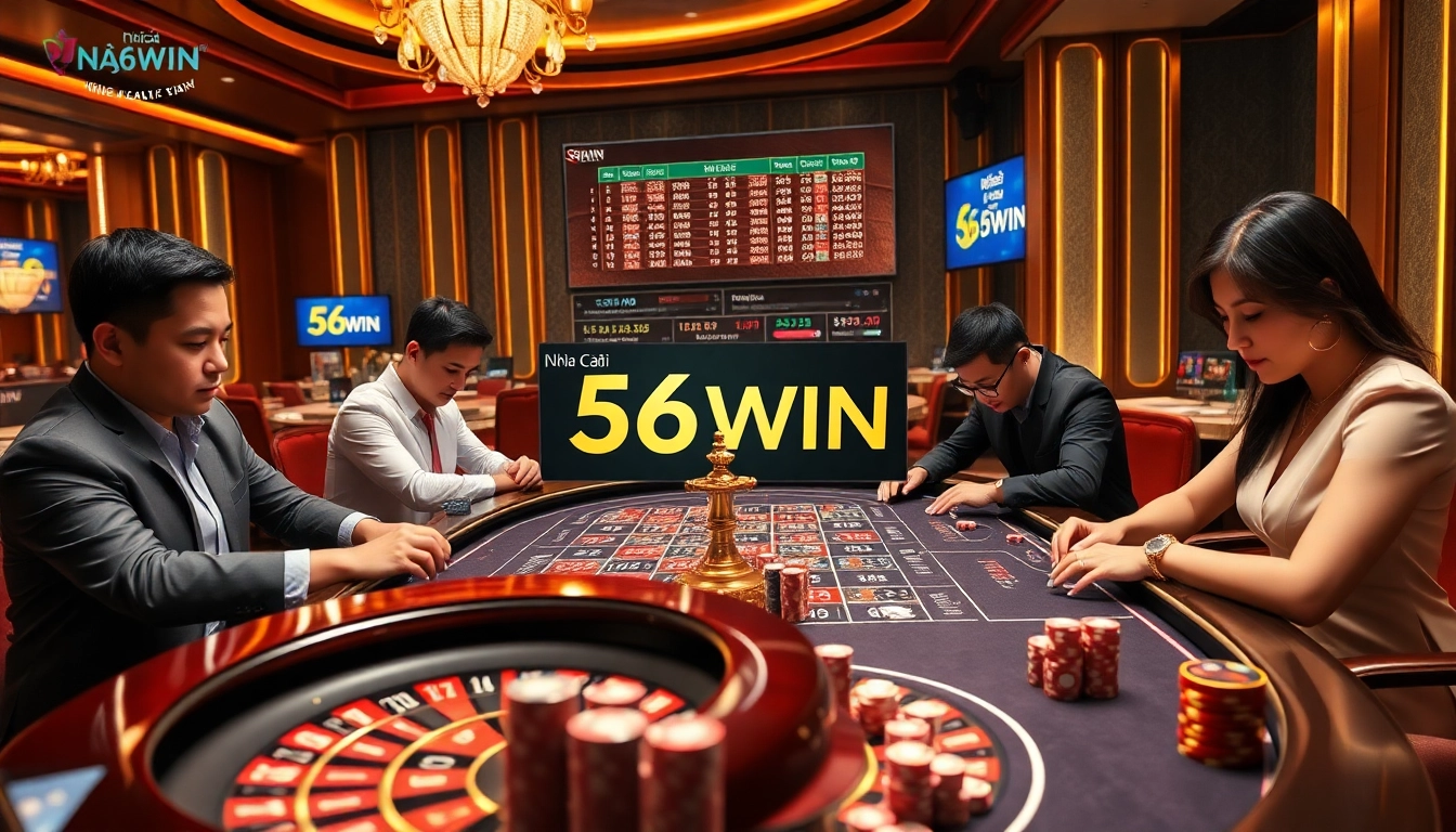 Experience the thrill of Nhà Cái 56WIN with players enjoying vibrant casino games in a luxurious setting.