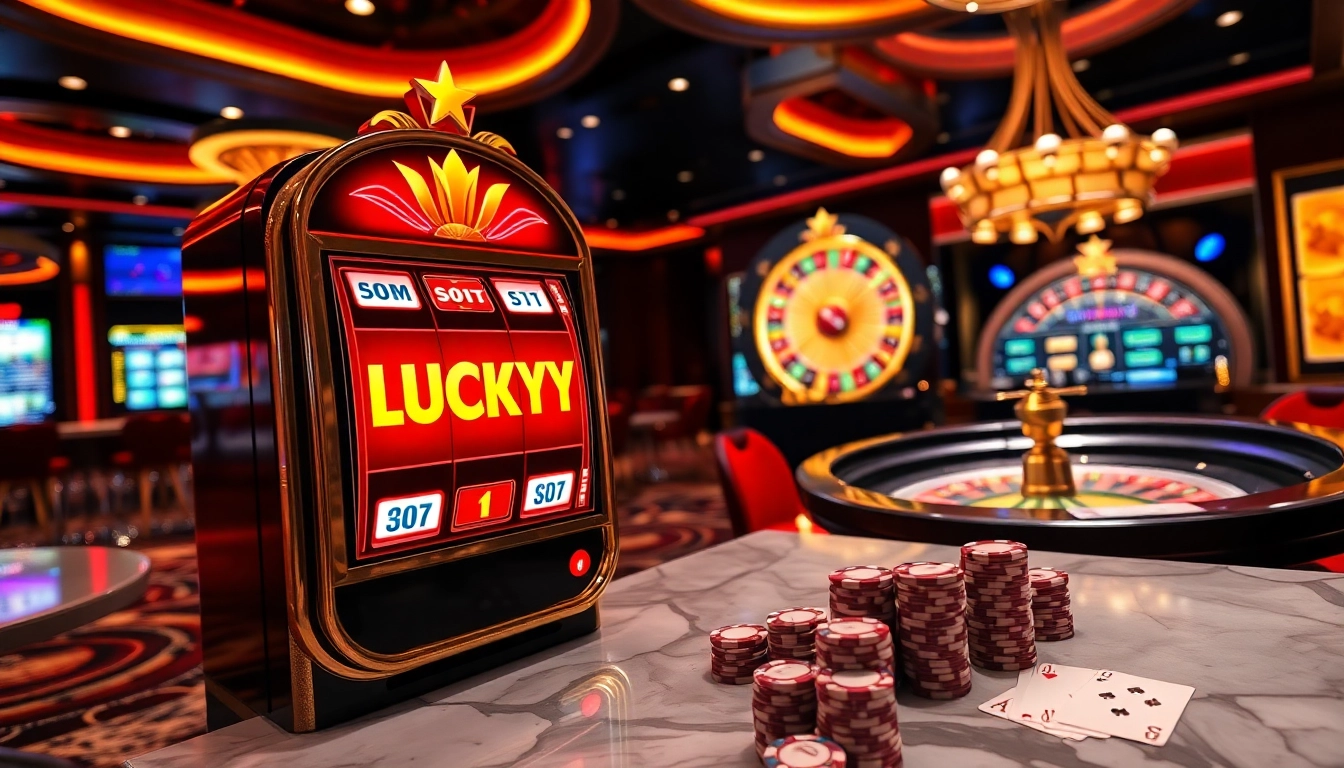 LUCKYWIN casino scene with vibrant slot machine, roulette wheel, and luxury poker setup.