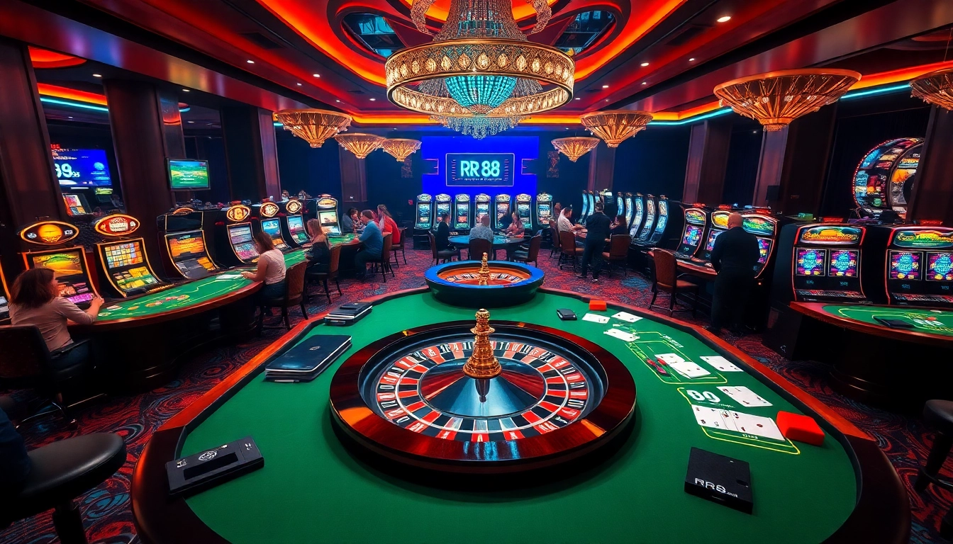 Experience the excitement of RR 88 with dynamic casino tables and vibrant gaming elements.