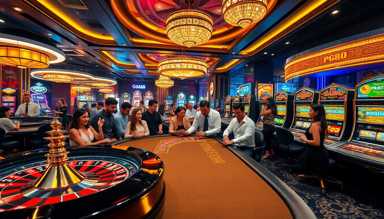 Gamblers celebrating a win at pg88 nhà cái, enjoying roulette and slot machines in a luxury casino.
