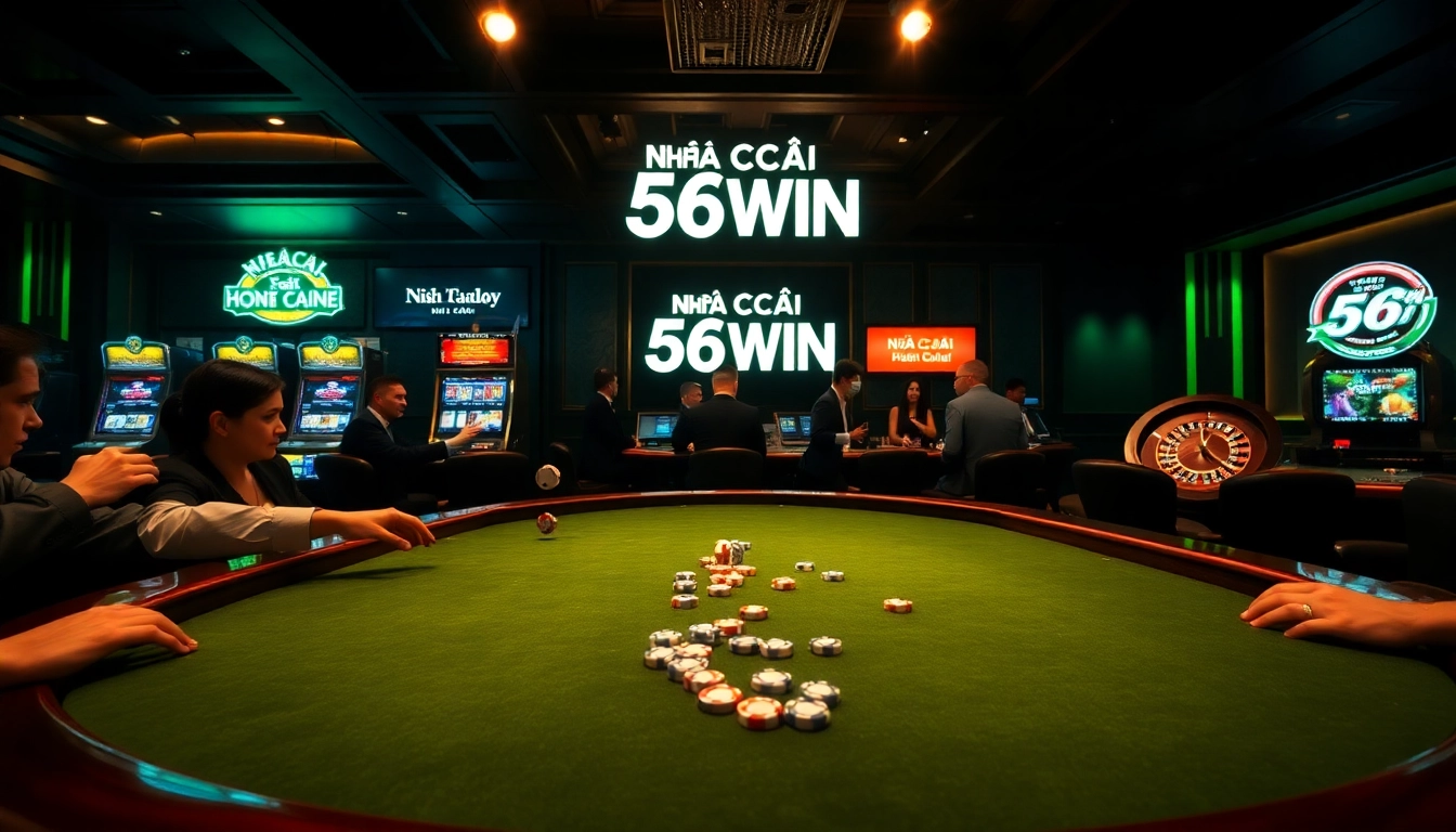 Players engaging in thrilling action at Nhà Cái 56WIN's poker table, showcasing vibrant casino atmosphere.