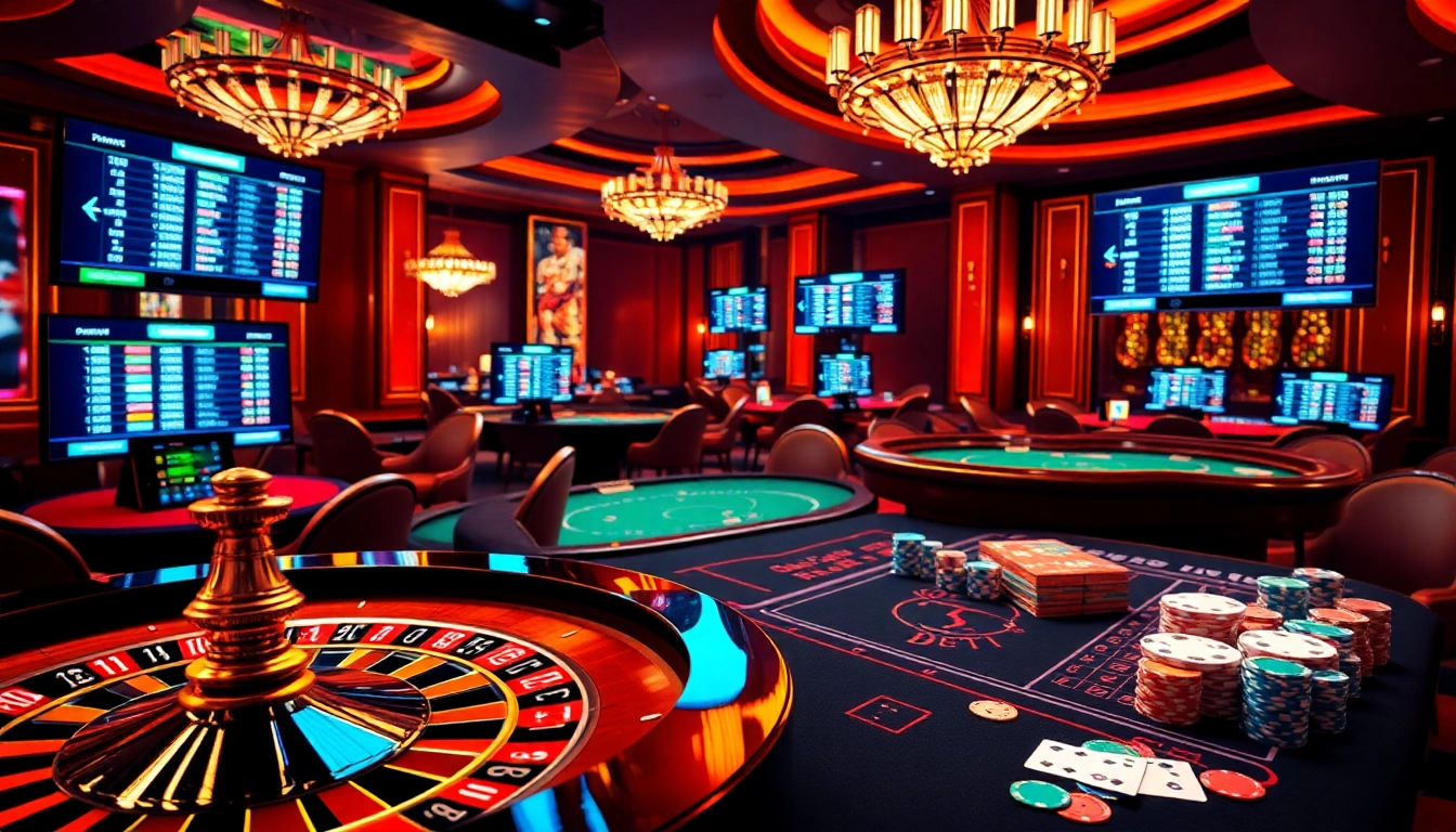 Enthusiastic gamblers engaging with vsbet at a luxurious casino setting featuring poker, roulette, and digital interfaces.