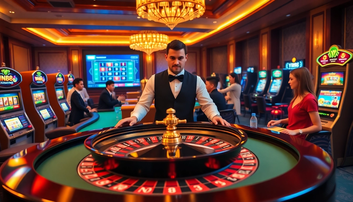 Experience thrilling gambling action at VIN88's upscale casino, featuring roulette, poker, and vibrant slot machines.