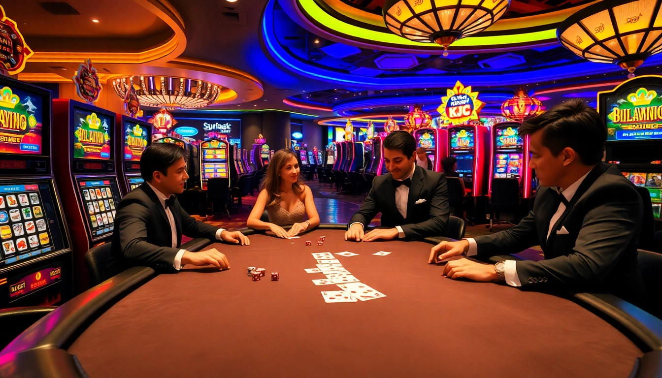 KJC-themed casino scene showcasing energetic gamblers at a poker table.